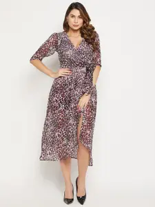 Bitterlime Animal Print Georgette Wrap Midi  Dress