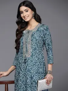 Varanga Women Teal Bandhani Gota & Mirror Work Embroidered Tie-Up Neck Cotton Kurta