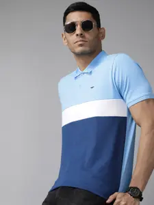 Park Avenue Men Blue & White Colourblocked Polo Collar Slim Fit T-shirt