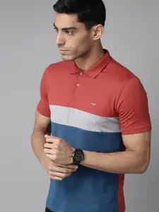 Park Avenue Men Red & Blue Colourblocked Polo Collar Slim Fit T-shirt