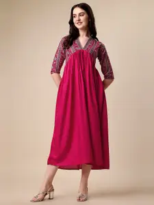 SHEETAL Associates V-Neck Floral Printed A-Line Midi Dress