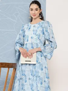 Inddus Floral Printed Bell Sleeves Midi Ethnic Dress With Lace Detail