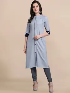 KALINI Mandarin Collar Roll-Up Sleeves Thread Work Pure Cotton Kurta