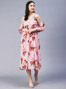 FASHOR Floral Printed Georgette A-Line Midi Dress