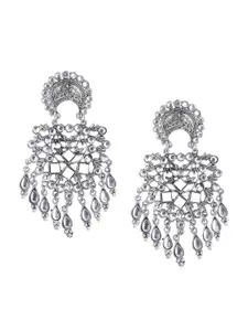 Krelin Silver Plated Oxidised Contemporary Kundan Studded Drop Earrings