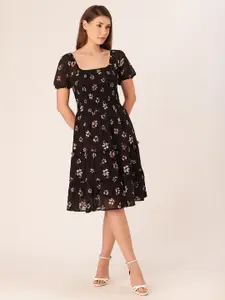 DressBerry Floral Printed Square Neck Smocked Georgette A-Line Dress