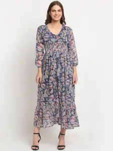 KALINI Floral Printed V-Neck Smocked Maxi Tiered Fit And Flare Dress