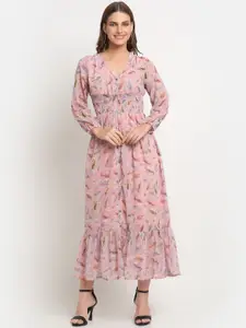 KALINI Floral Printed V-Neck Smocked Maxi Tiered Fit And Flare Dress