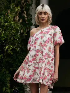 SASSAFRAS Floral Printed Off-Shoulder Georgette A-Line Dress
