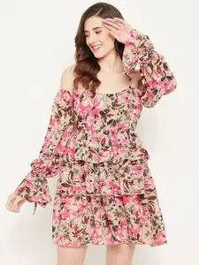 Bitterlime Off-Shoulder Floral Printed Layered Georgette Dress