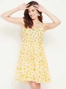 Bitterlime Floral Georgette Tiered A-Line Dress
