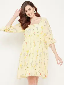 Bitterlime Puff Sleeves Floral Georgette Dress