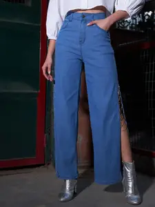 SASSAFRAS Women High-Rise Side Slit Light Shade Stretchable Jeans