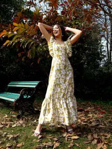 SASSAFRAS Floral Printed Square Neck A-Line Dress