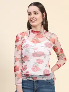 Rediscover Fashion Floral Print High Neck Sheer Net Top