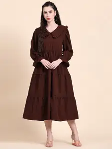 Rediscover Fashion Peter Pan Collar Puff Sleeves A-Line Midi Dress