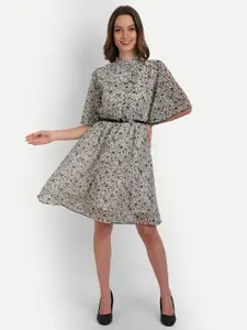 Rediscover Fashion Floral Printed Belted Georgette a-line Dress
