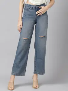 Xpose Women Comfort Wide Leg High-Rise Slash Knee Light Fade Cropped Pure Cotton Jeans