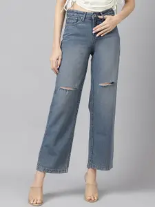 Xpose Women Comfort Wide Leg High-Rise Slash Knee Heavy Fade Cotton Jeans