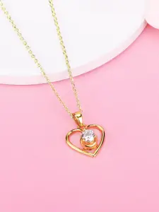GIVA 925 Sterling Silver Gold-Plated CZ-Studded & Heart-Charm Pendant With Chain