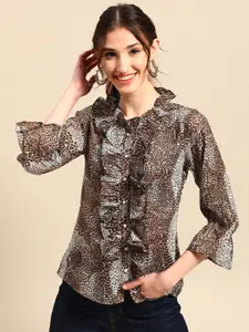 Sangria Animal Print Mandarin Collar Ruffles Georgette Shirt Style Top