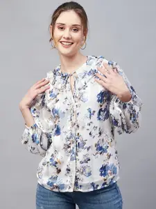 Carlton London Floral Printed Tie-Up Neck Ruffles Shirt style Top