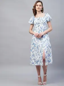 RARE Floral Printed Crepe Tie-Up Neck Puff Sleeves A-Line Midi Dress