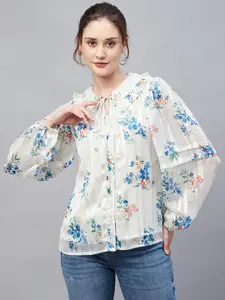 Marie Claire Floral Printed Tie-Up Neck Ruffles Puff Sleeves Top