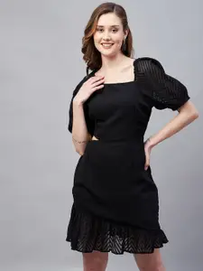 Marie Claire Self Design Asymmetric Neck Georgette Puff Sleeves A-Line Dress