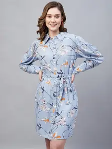 Marie Claire Floral Printed Cuffed Sleeve Shirt Dress