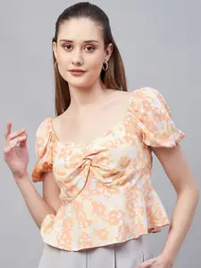 Marie Claire Floral Printed Sweetheart Neck Twisted Peplum Top