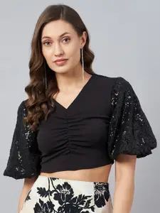 Marie Claire V-Neck Sequined Puff Sleeves Cotton Crop Top