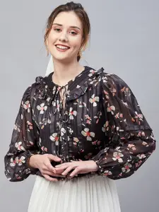 Marie Claire Floral Printed Tie-Up Neck Ruffles Puff Sleeves Blouson Top