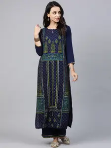 Indo Era Ethnic Motifs Printed Keyhole Neck Liva Kurta