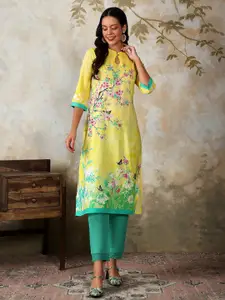AURELIA Floral Printed Rayon Band Collar Straight Kurta