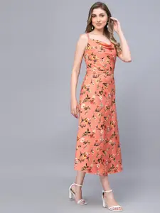 Selvia Floral Printed Shoulder Straps Crepe Midi Dress