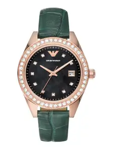 Emporio Armani Women Embellished Dial & Leather Textured Straps Analogue Watch AR11506T