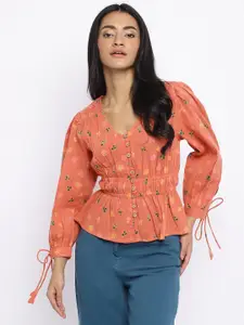 Fabindia Floral Printed Cinched Waist Cotton Top
