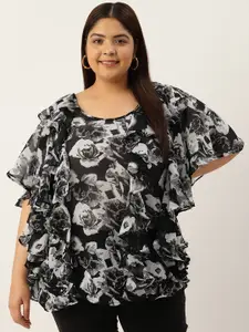 theRebelinme Plus Size Floral Print Flared Sleeves Ruffled Georgette Longline Top