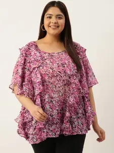 theRebelinme Plus Size Abstract Print Flared Sleeves Ruffled Georgette Longline Top
