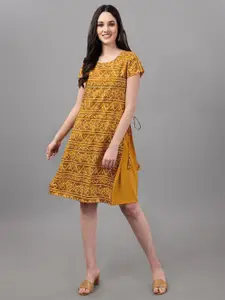 Kinjo Short Sleeves Tie-Up Ethnic Motifs Printed A-Line Ethnic Dress