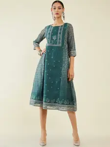 Soch Ethnic Motifs Printed Chanderi Silk A-Line Dress
