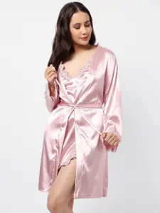 HAUTE SAUCE by  Campus Sutra HAUTE SAUCE by Campus Sutra Satin 3 Piece Top, Shorts and Robe Night Dress Set