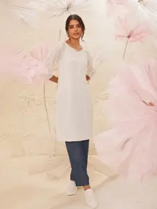 AURELIA Striped Woven Design V Neck Puff Sleeves Pure Cotton Straight Kurta