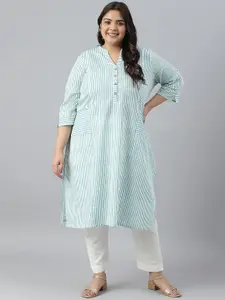 AURELIA Plus Size Striped Band Collar Panelled Straight Pure Cotton Kurta