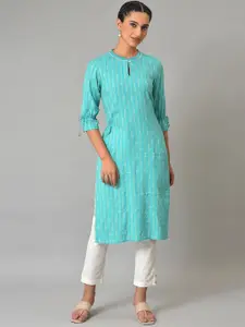 AURELIA Puff Sleeves Striped Keyhole Neck Thread Work Kurta
