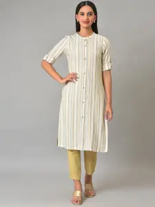 AURELIA Striped Band Collar Roll Up Sleeves Straight Kurta