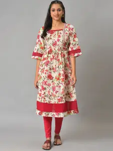 AURELIA Floral Printed Square Neck A-Line Block Print Kurta