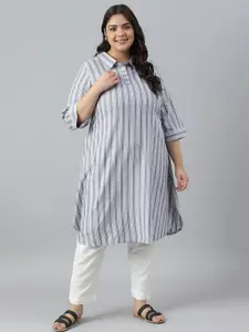 AURELIA Plus Size Striped Roll-Up Sleeves Pathani Kurta