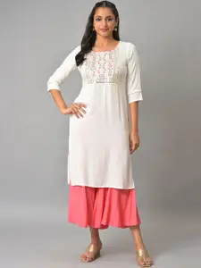 AURELIA Women White Yoke Design Mirror Work Floral Kurta
